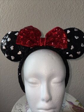 Black Sequin Minnie Ears Headband with Red Bow